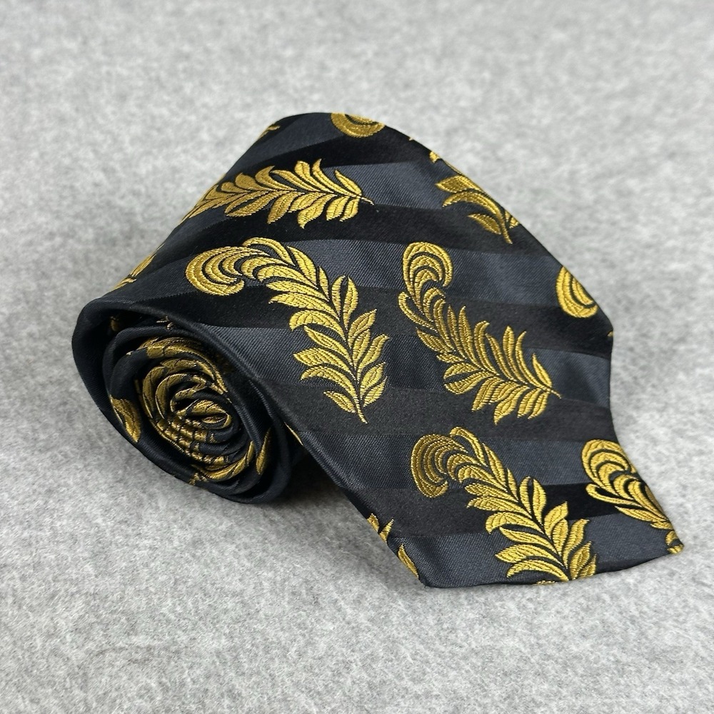 Audrey Buckner Black Gold Leaf Silk Neck Tie‎ Baroque Striped Italy 56x3.6" NOTE